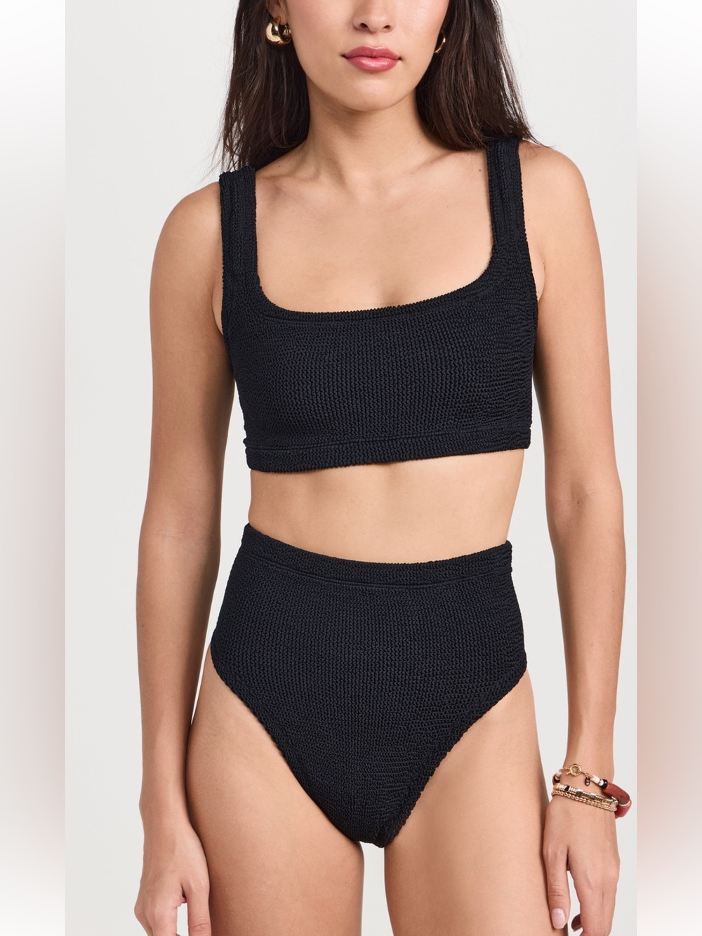 HUNZA G NEW Patricia Black High Waist Bikini Set Bottom Top OS Square Neck